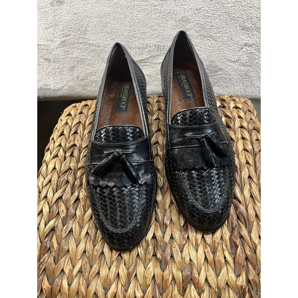 Brass Boot Loafers Mens Size 9 Shoes Black Leather Slip On Comfort Tassel